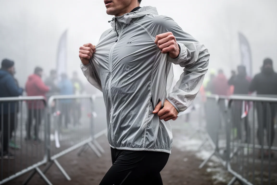 Hardloper in de finishzone van een marathon die een dunne inpakbare jas aantrekt