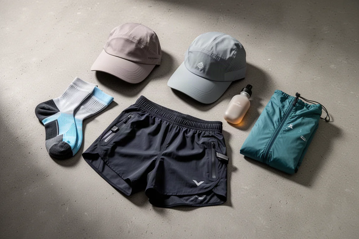 Flat arrangement of marathon running gear including socks, cap, shorts, flask and jacket on concrete