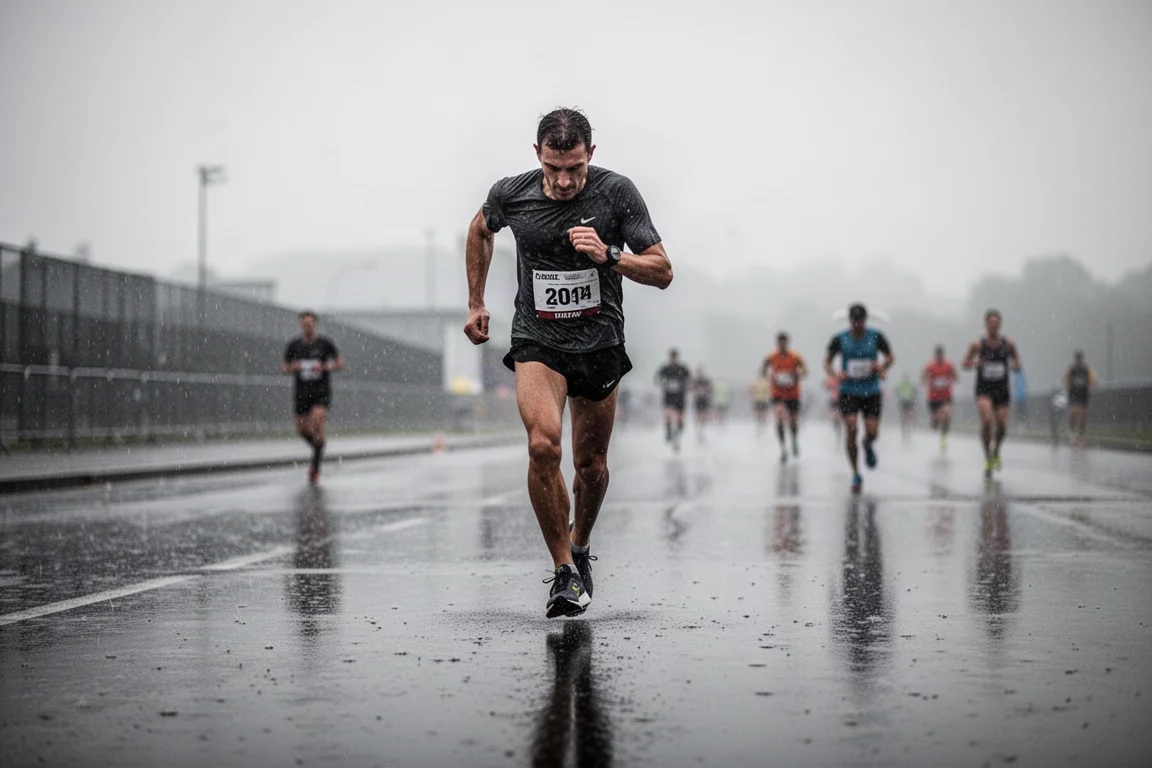 Biegacz rozgrzewający się w ulewie przed startem maratonu