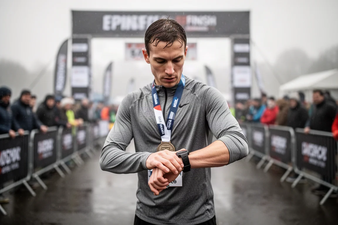 Sportowiec sprawdzający zegarek po ukończeniu maratonu