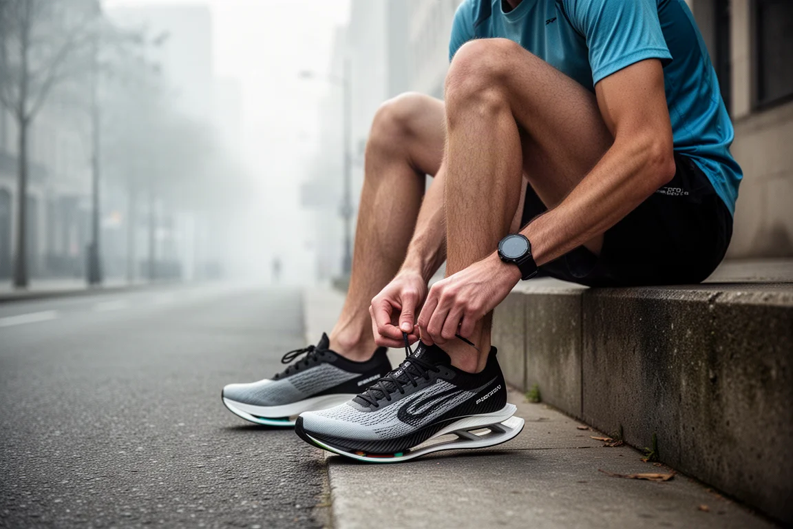 Un marathonien lace une chaussure de course à semelle épaisse avant une sortie à l'aube