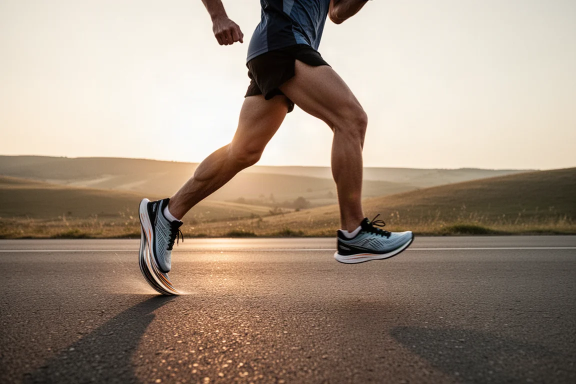 Un coureur s'installe à l'allure marathon sur une route ouverte lors d'une longue sortie d'entraînement