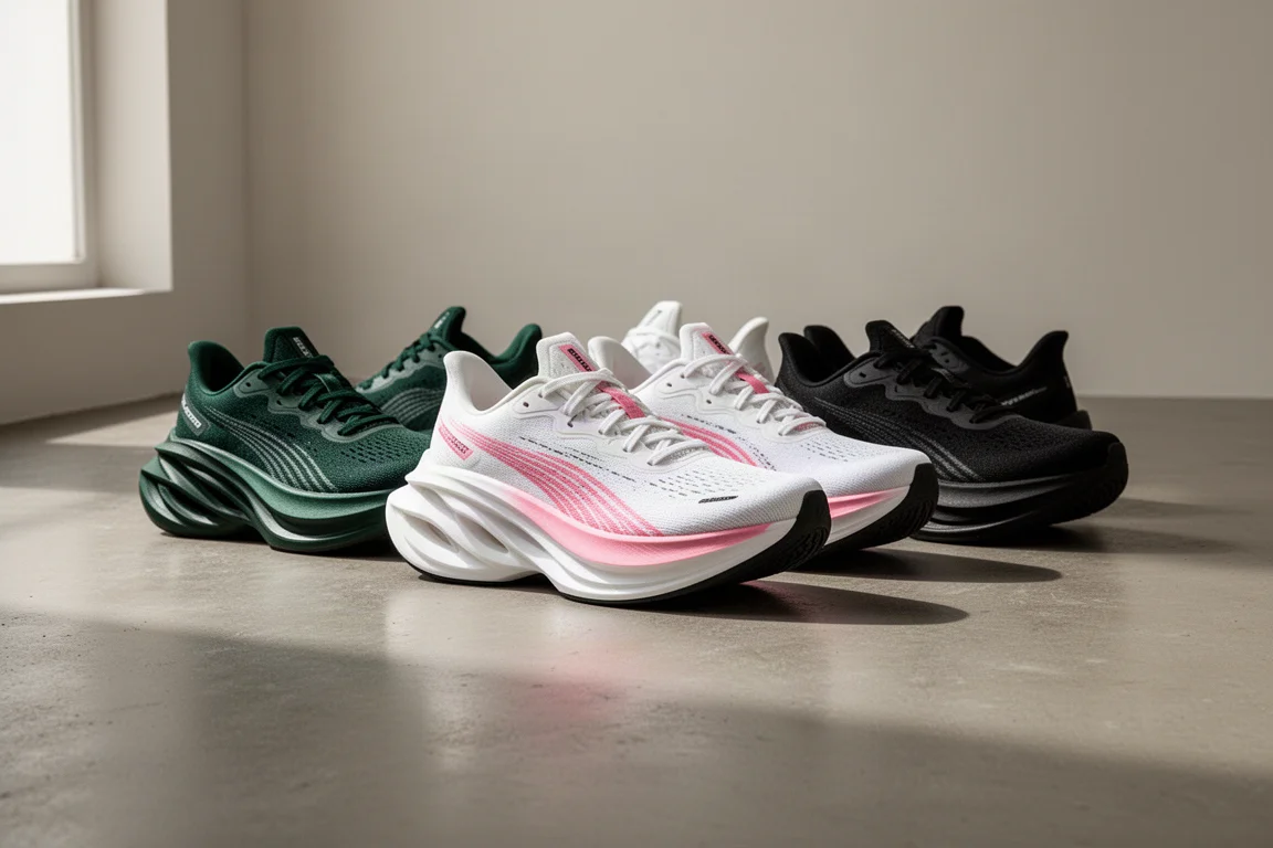 Row of modern marathon racing shoes with tall foam midsoles on a concrete floor