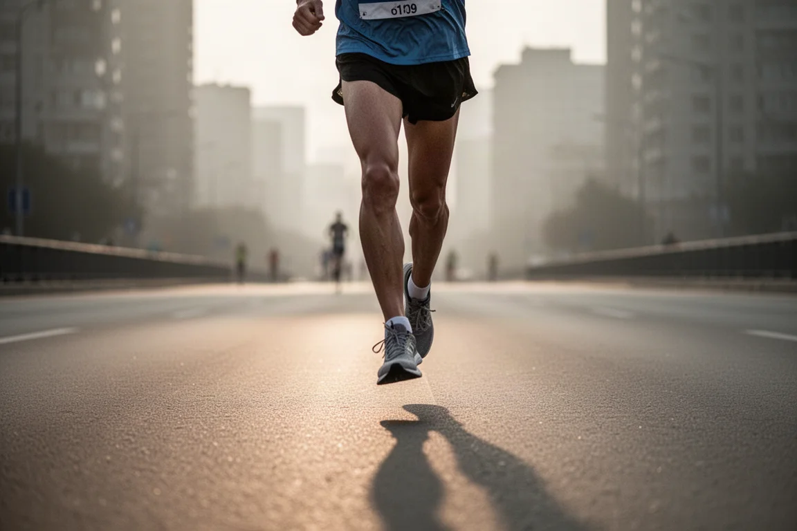 Runner landing on a wide stable heel platform during a long marathon effort