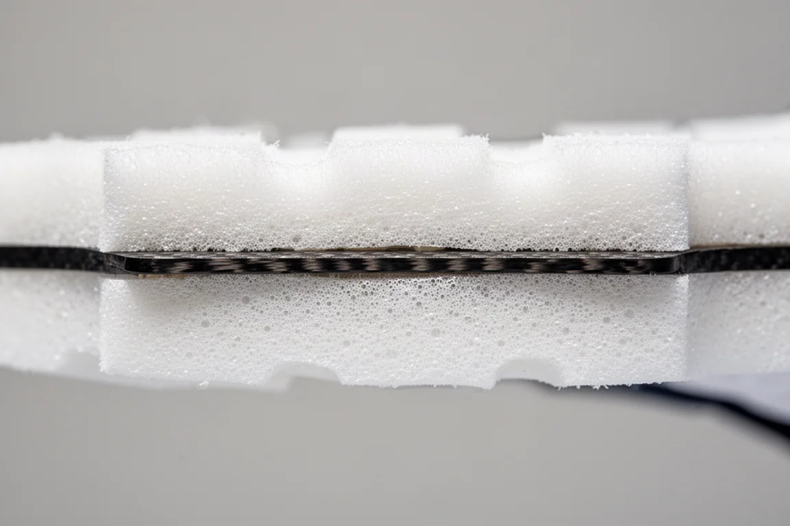 Close-up of a slim carbon plate layered inside racing shoe foam