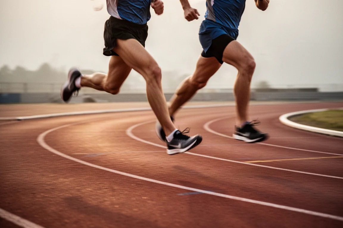 Runners sprinting around a track curve at race pace