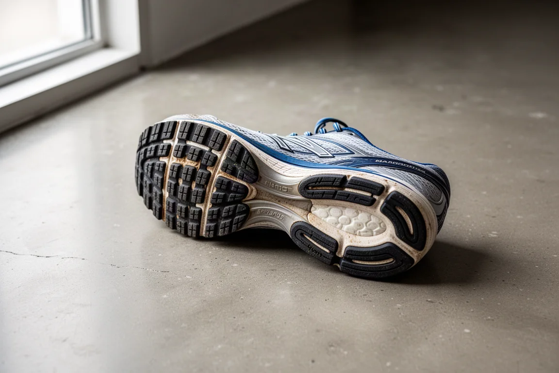 Well-worn running shoe with intact rubber outsole after many miles