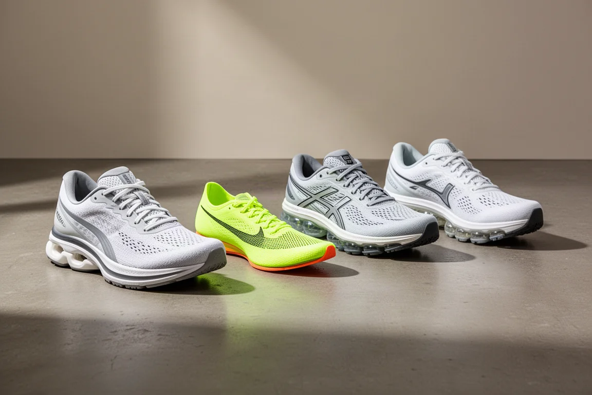 Four premium marathon racing shoes lined up on a concrete floor
