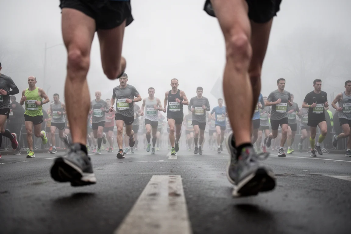 Corredores se alinhando na largada de uma maratona em uma manhã nublada