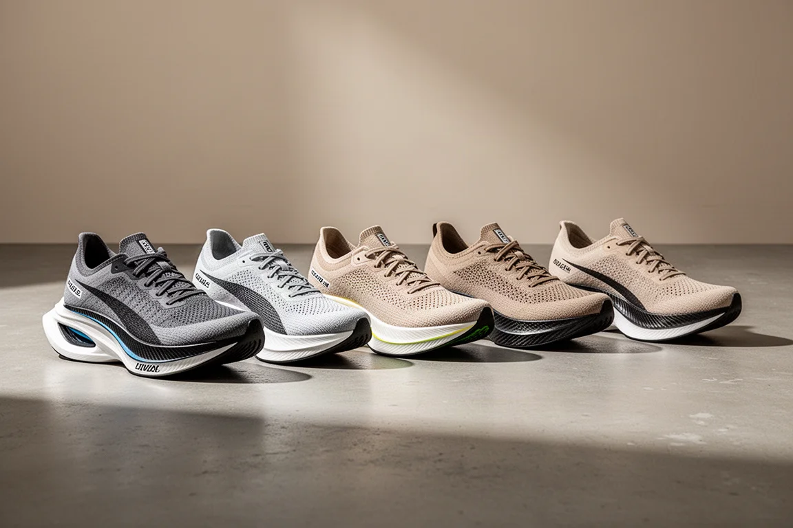 Lineup of six carbon-plated marathon racing shoes on a concrete surface