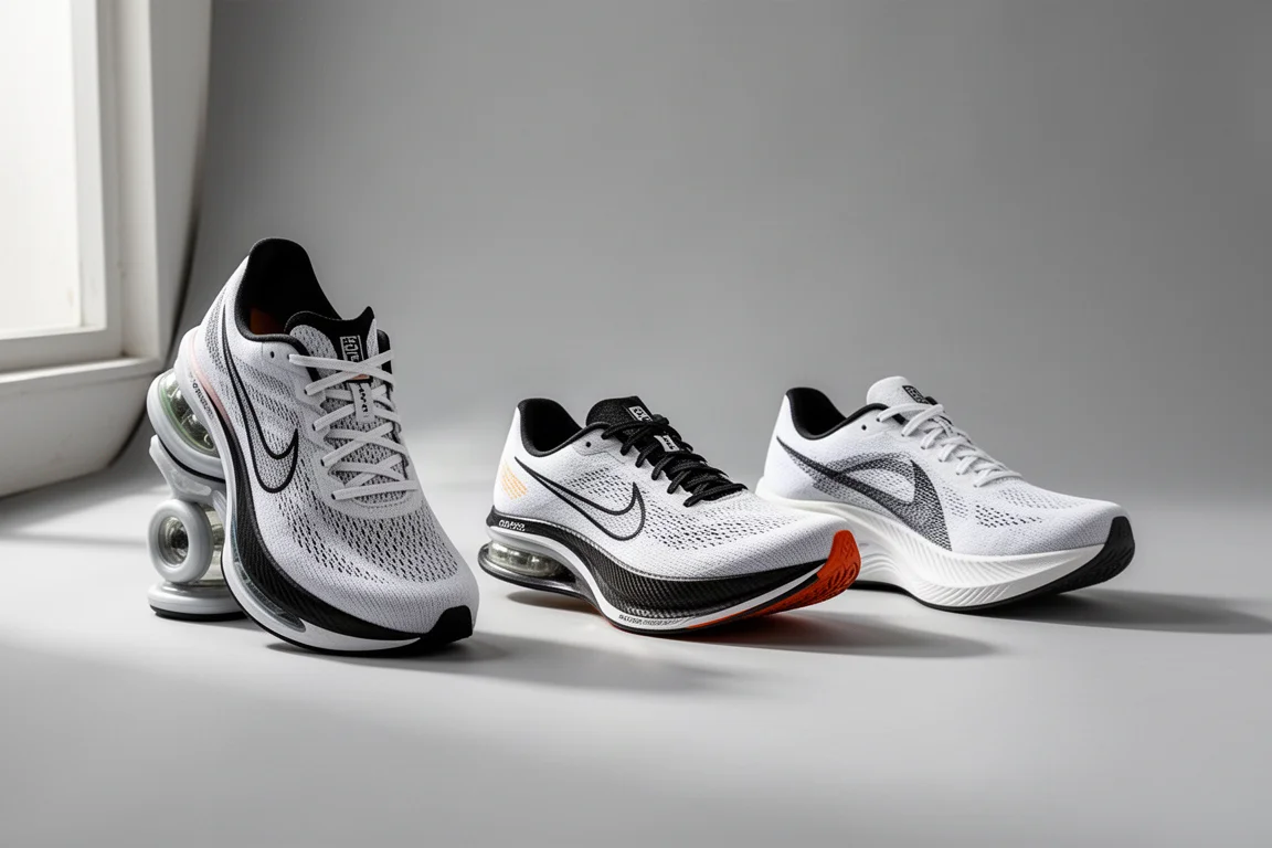 Three marathon racing shoes lined up side by side on a light studio backdrop