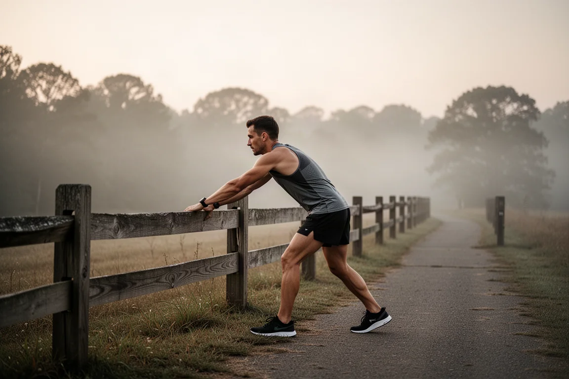 Hardloper die zich opwarmt voor een lange duurloop naast een voormalig spoorpad bij dageraad