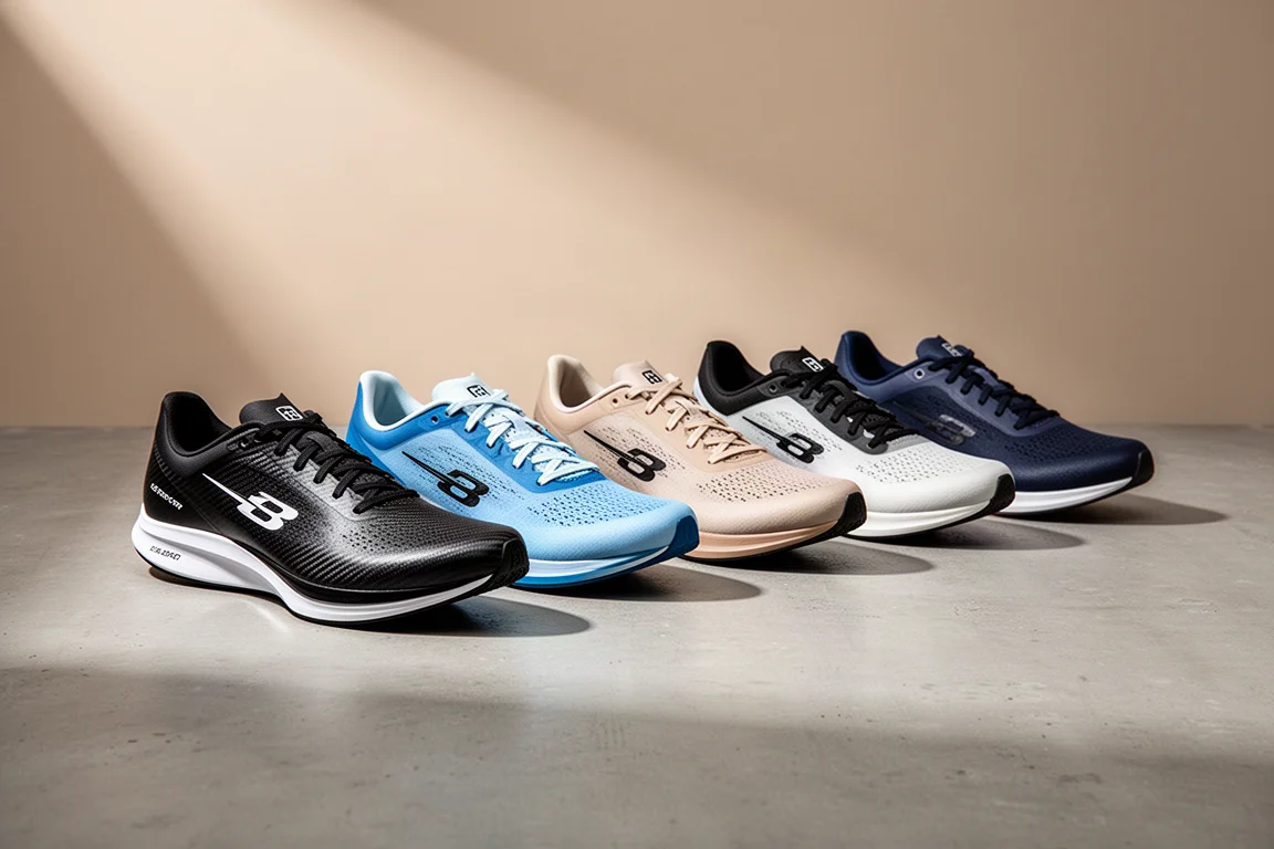 Seven carbon-plate marathon racing shoes arranged in a row on concrete