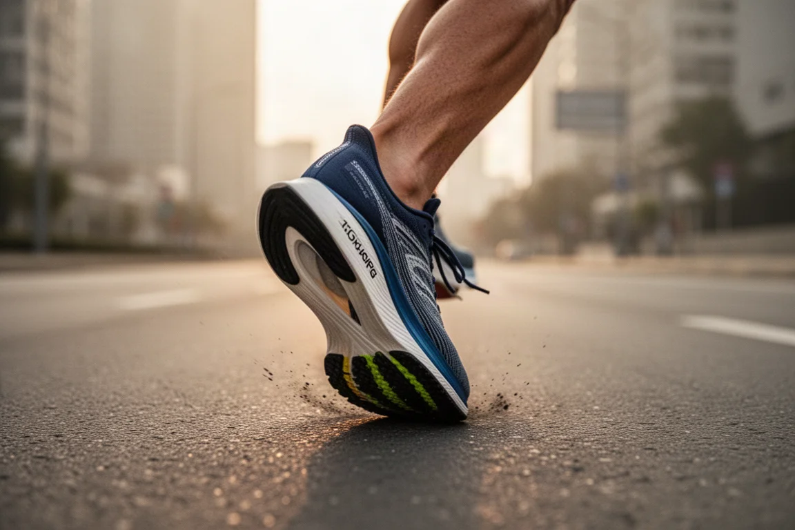 Läufer landet auf dem Vorderfuß in einem Rennschuh mit Kohlenstoffplatte auf leerer Straße