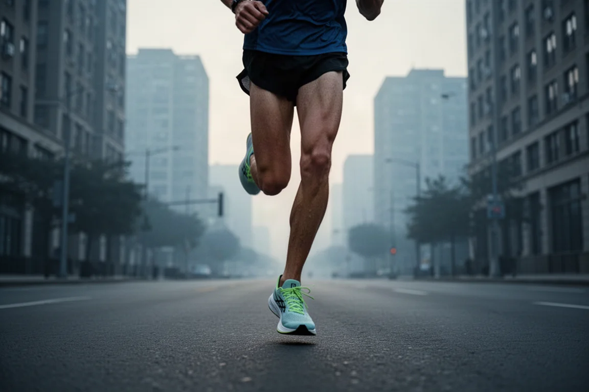 Läufer startet eine Marathon-Anstrengung auf einer stillen Stadtstraße in der Morgendämmerung