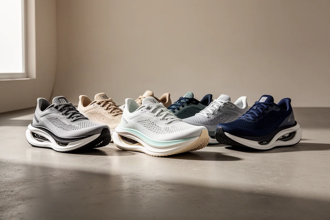 Six carbon-plated marathon racing shoes lined up on a concrete studio floor