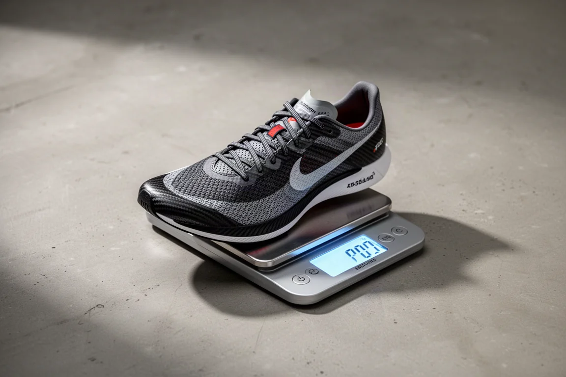Balança digital pesando um tênis de maratona sobre piso de concreto
