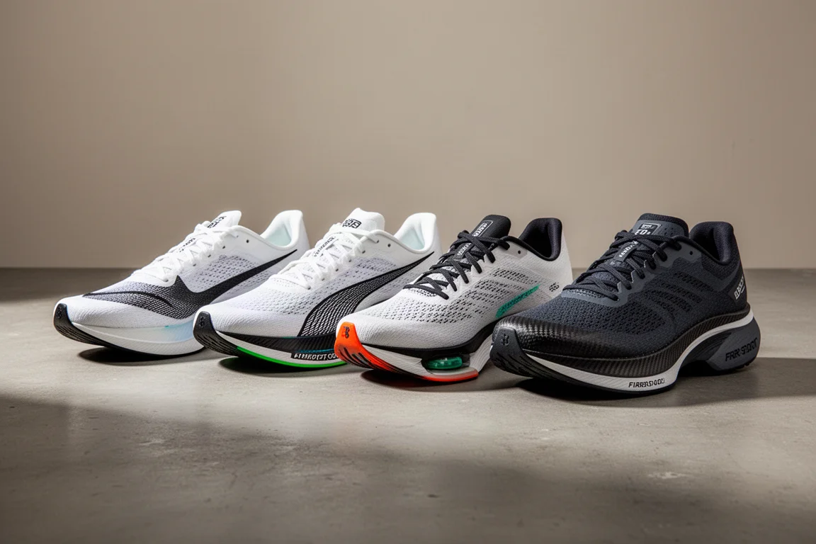 Four marathon racing shoes arranged in a row on a concrete surface