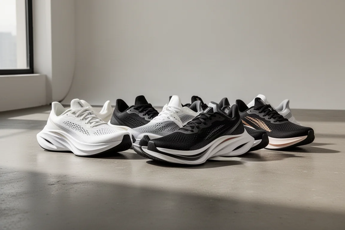 Six marathon racing shoes lined up on a concrete surface