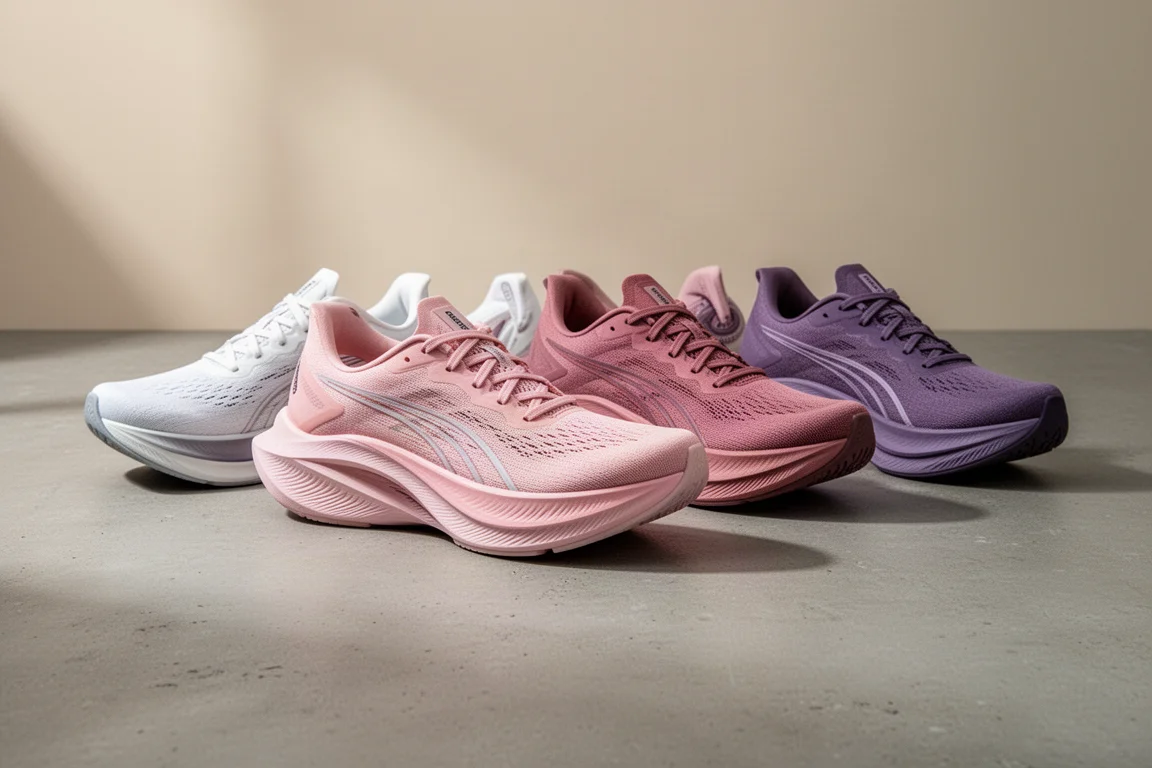 Five pairs of marathon racing shoes arranged on a concrete surface