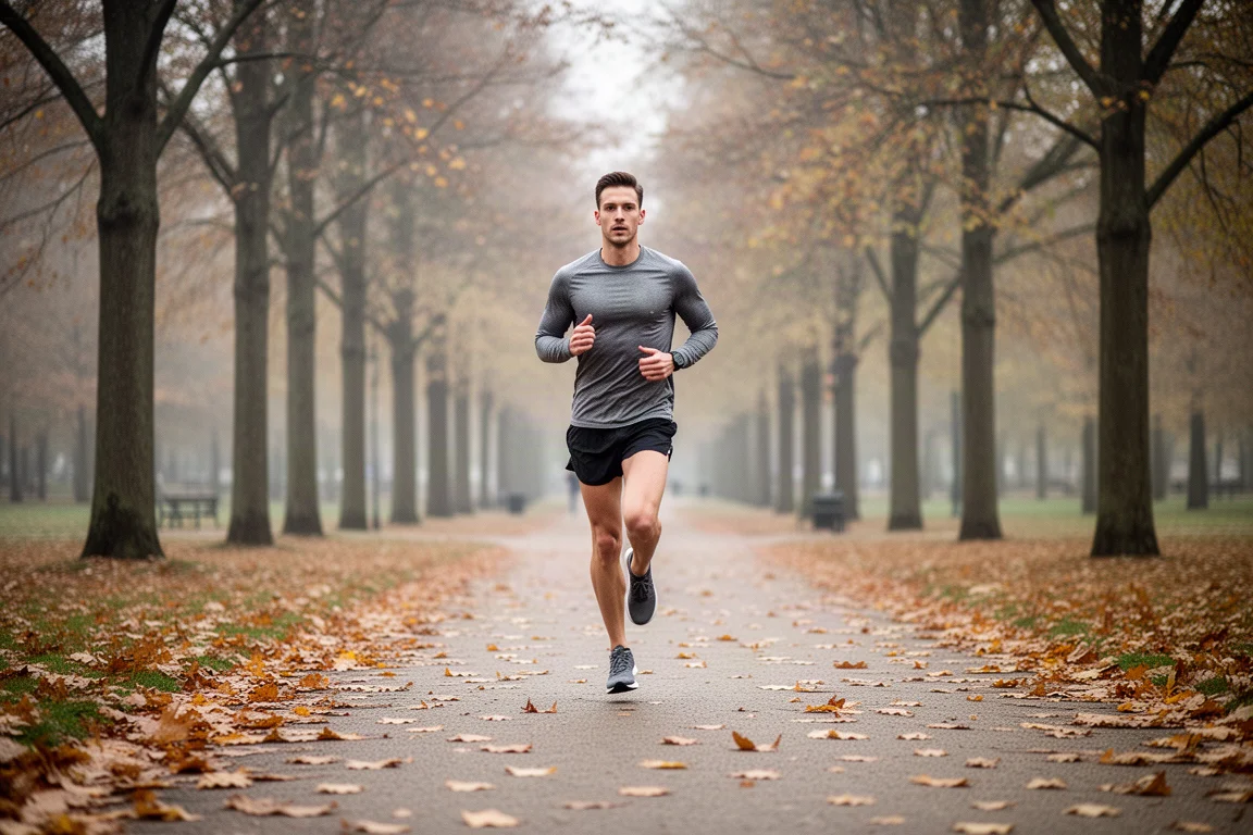 Un corredor completando un largo entrenamiento por un sendero de parque en otoño