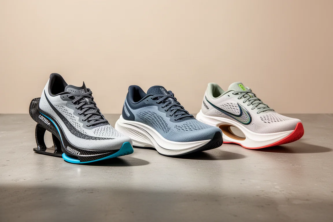 Three marathon racing shoes arranged on a concrete surface