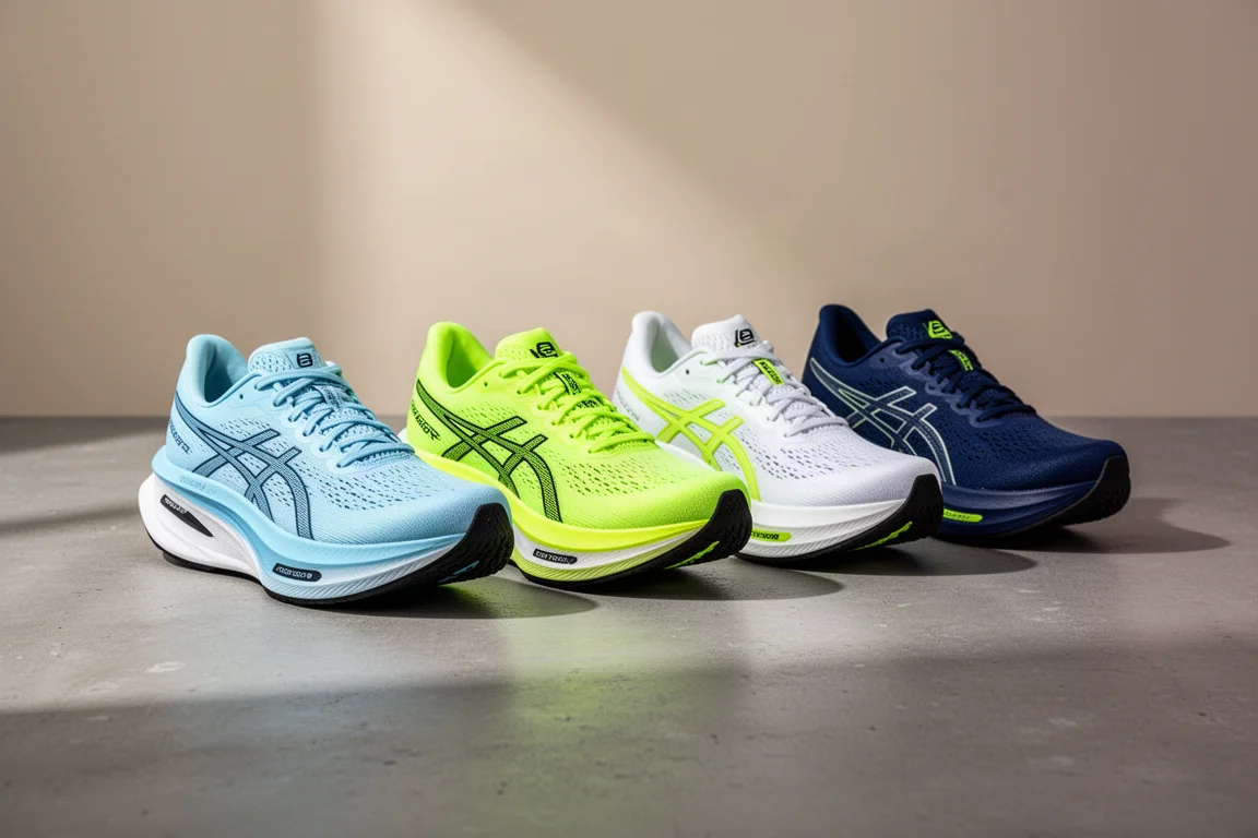 Four marathon racing shoes lined up on a concrete surface