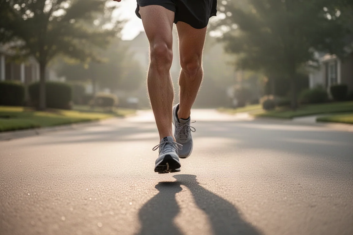Runner logging miles on a quiet suburban road in soft morning light