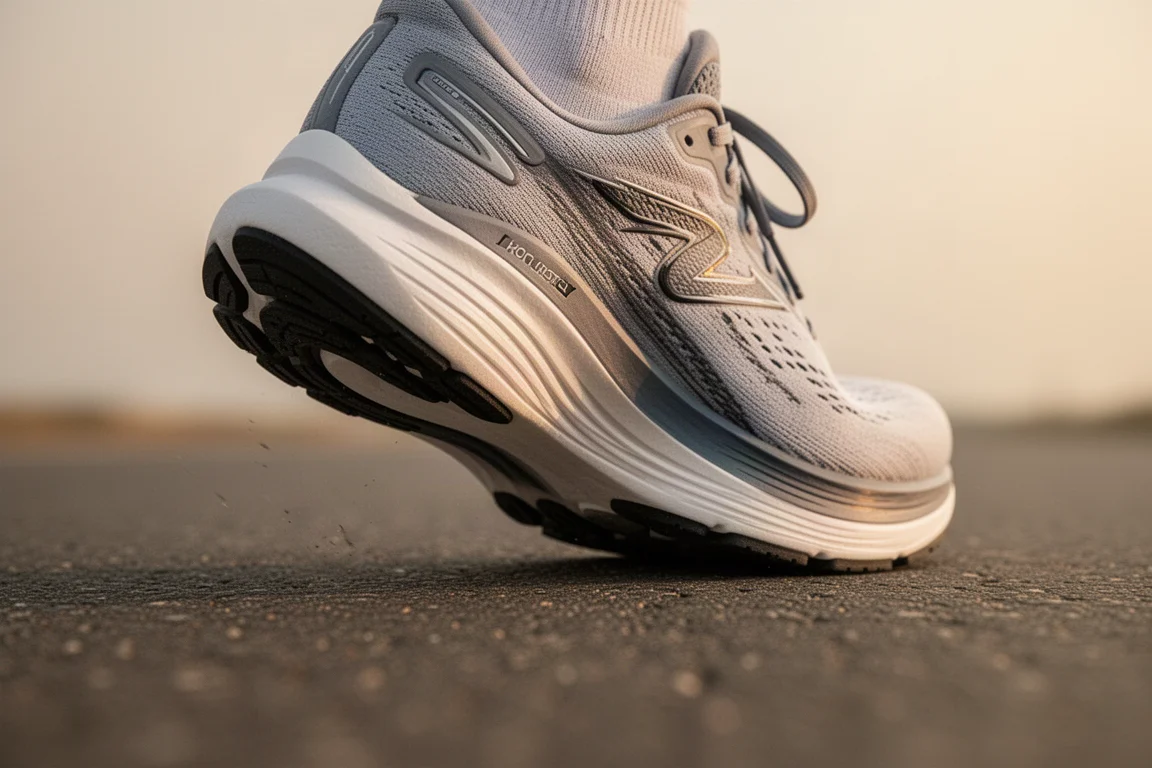 Close-up of a runner's foot landing on pavement during a long training run