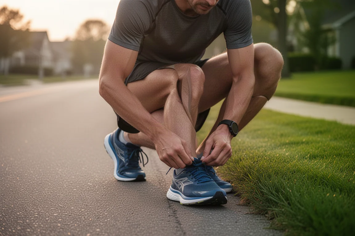 Runner stretching beside a road before an early morning training session