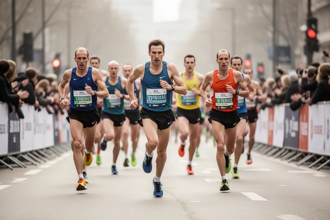 Marathon runners racing along an open road in the second half of a race