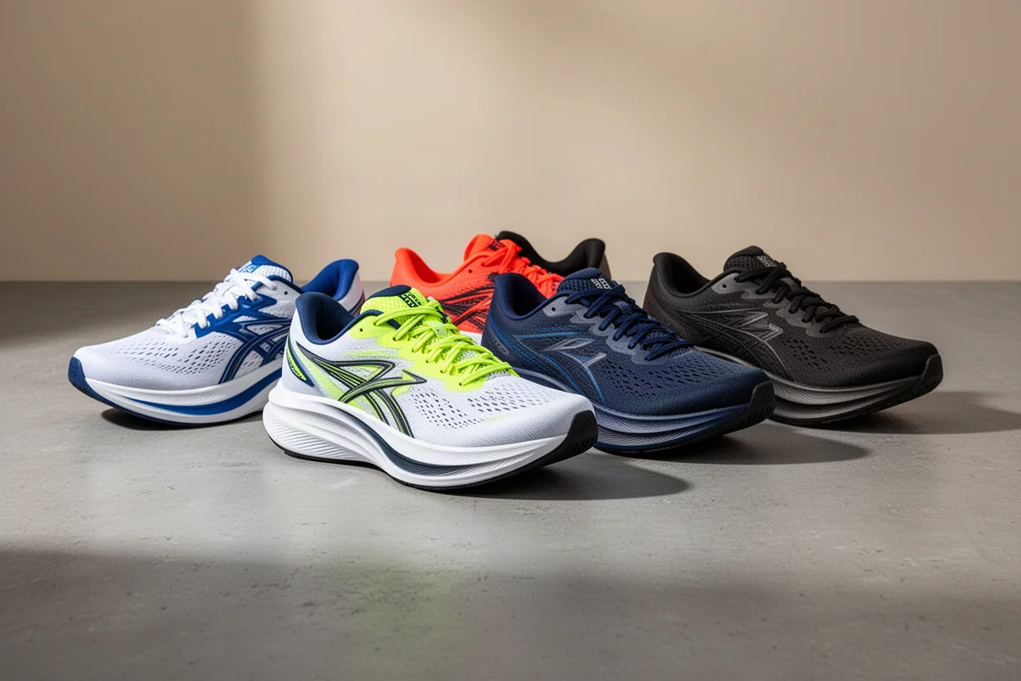 Six marathon racing shoes arranged in a row on a grey concrete surface