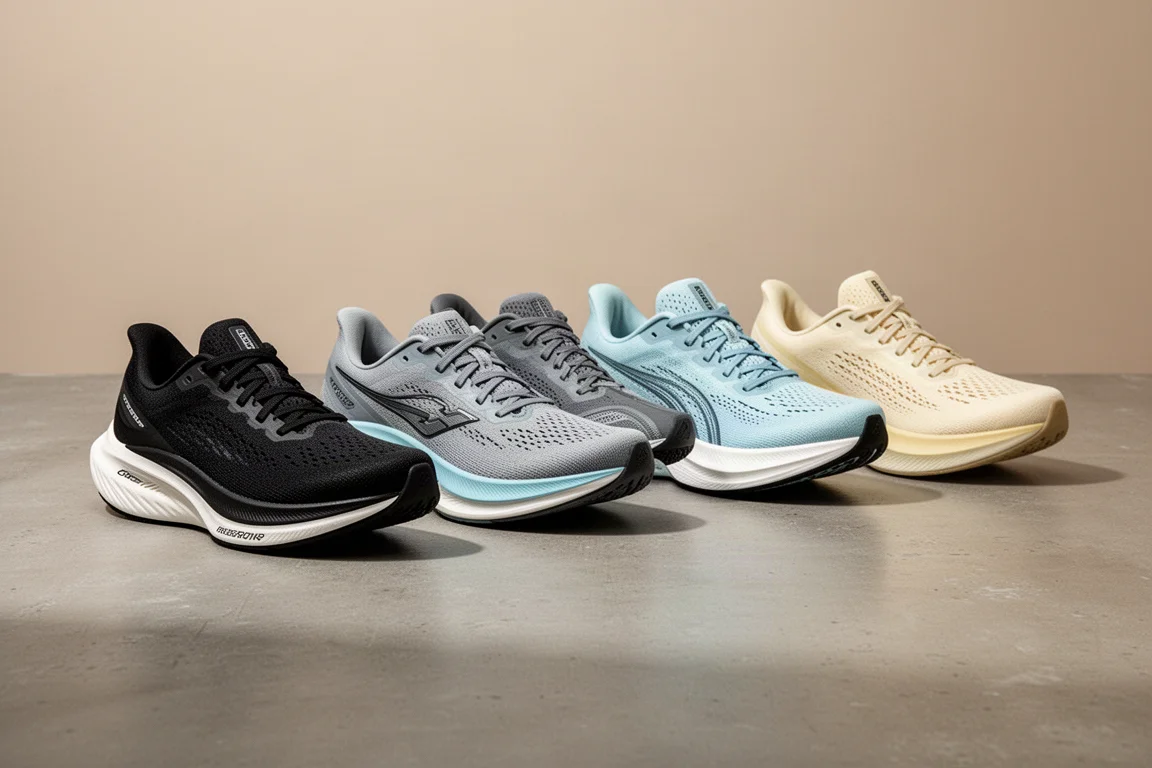 Lineup of five modern running shoes with thick midsole foam on a concrete surface