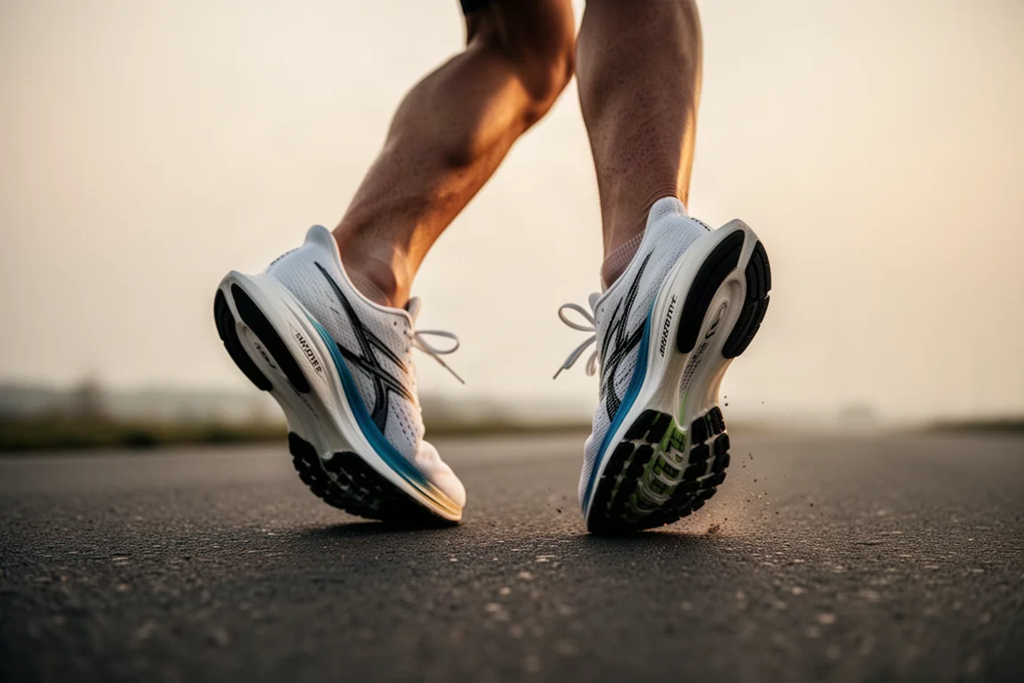 Coureur attachant ses chaussures de course légères sur une route avant une sortie matinale