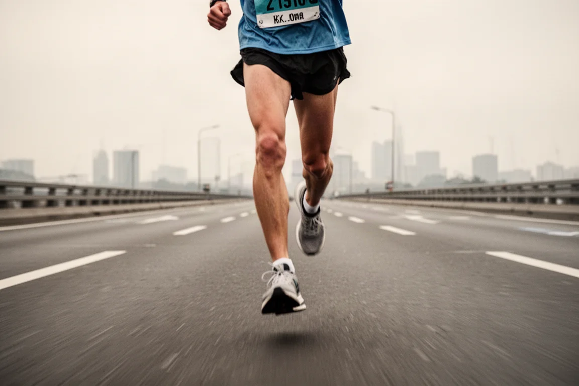 Jambes d'un marathonien sur route ouverte en fin de course