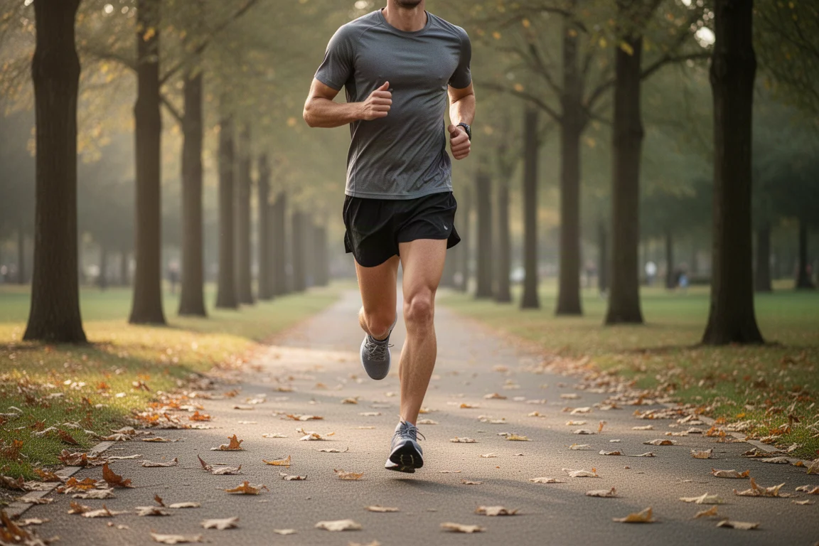 Coureur maintenant une allure d'entraînement régulière sur une allée de parc