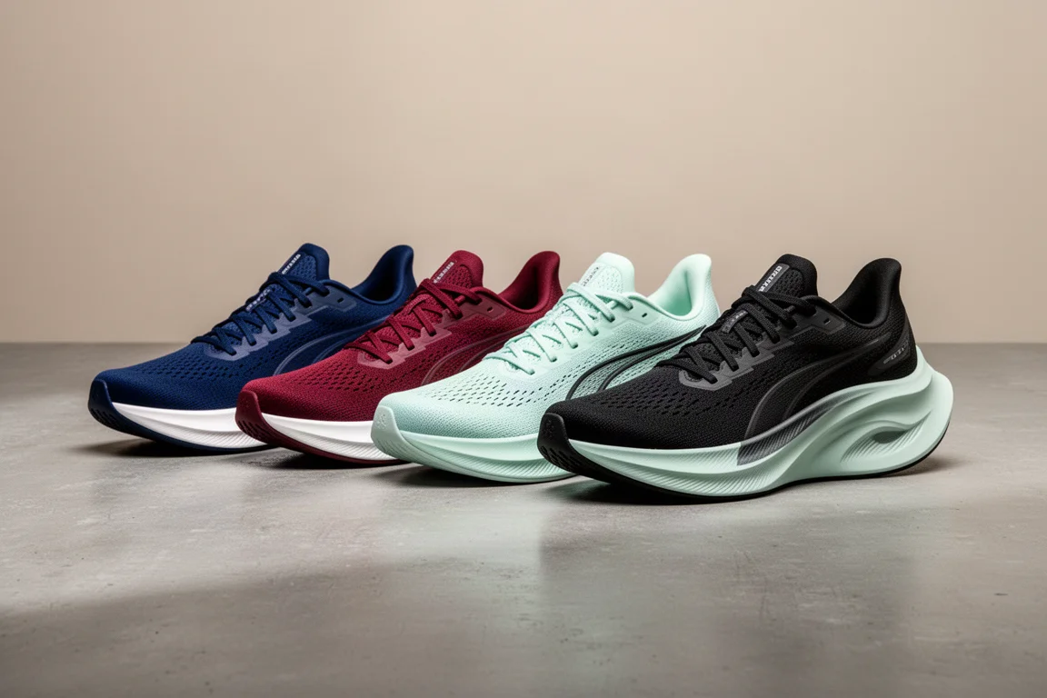 Five marathon racing shoes lined up on a grey concrete surface