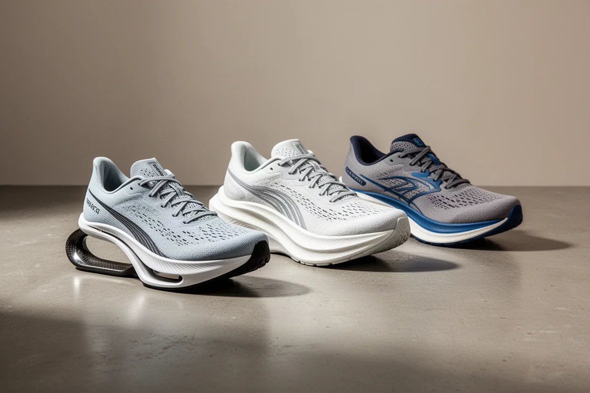 Row of modern performance running shoes on a concrete studio floor