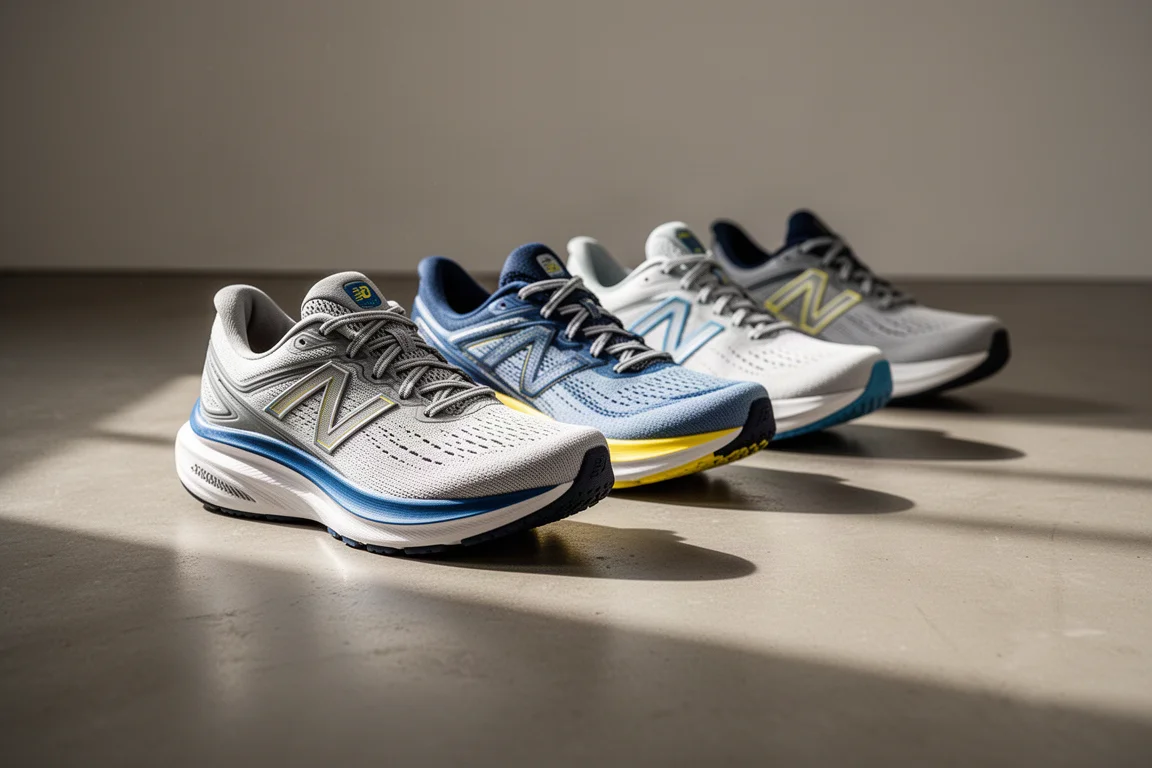 Gruppe von Marathonlaufschuhen, nebeneinander auf einem Studioboden im Morgenlicht