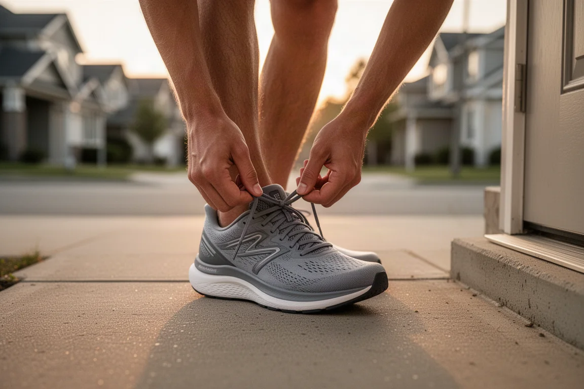 Läufer schnürt auf einer Haustreppe vor einem frühen Langlauf einen gedämpften Laufschuh