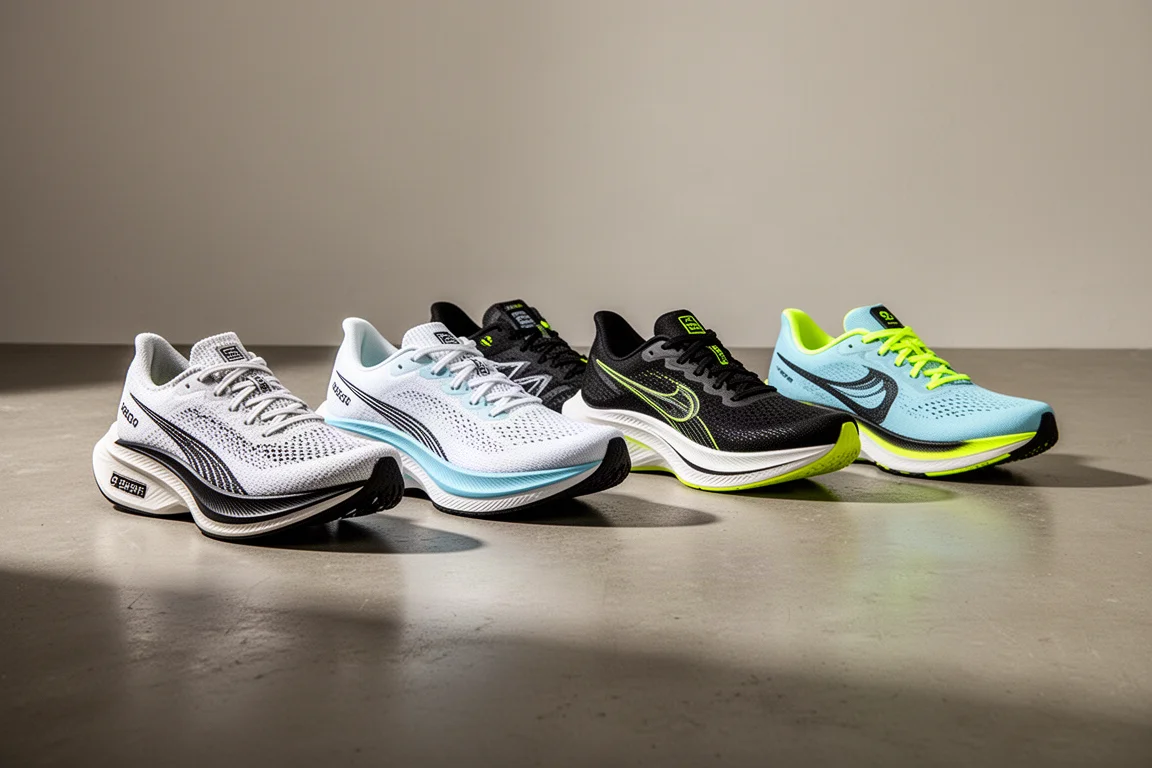 Row of marathon running shoes on a concrete studio floor