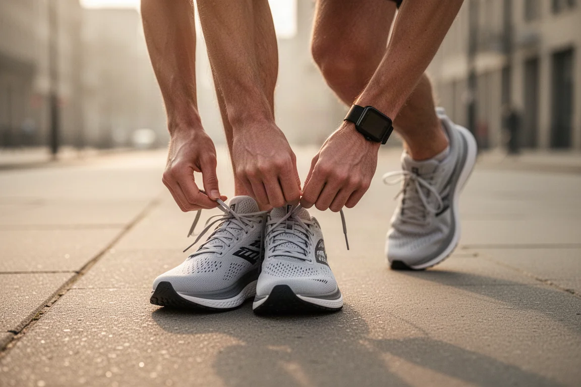 Coureur lacant une paire de chaussures de running légères avant une sortie matinale sur route