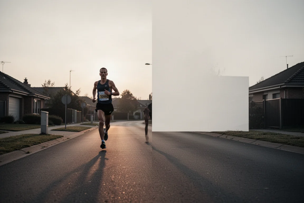 Marathonien avançant régulièrement sur une route dégagée dans la douce lumière du crépuscule