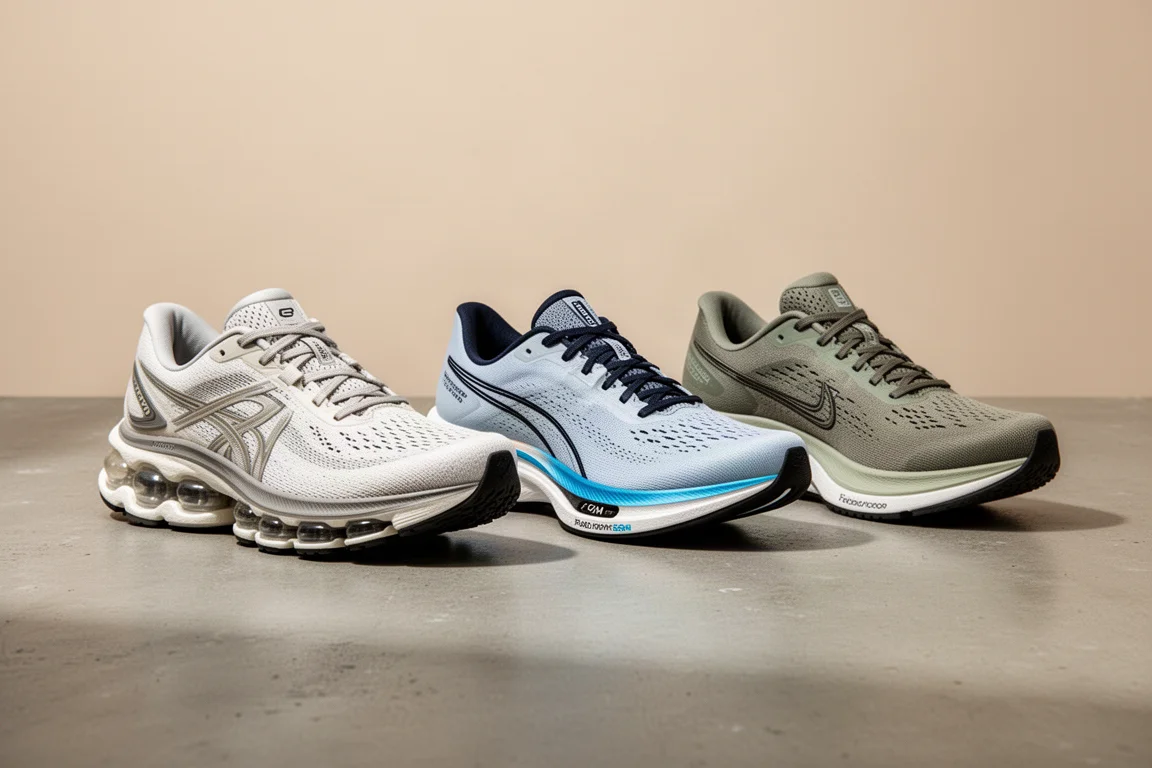 Three road running shoes lined up side by side on a concrete surface