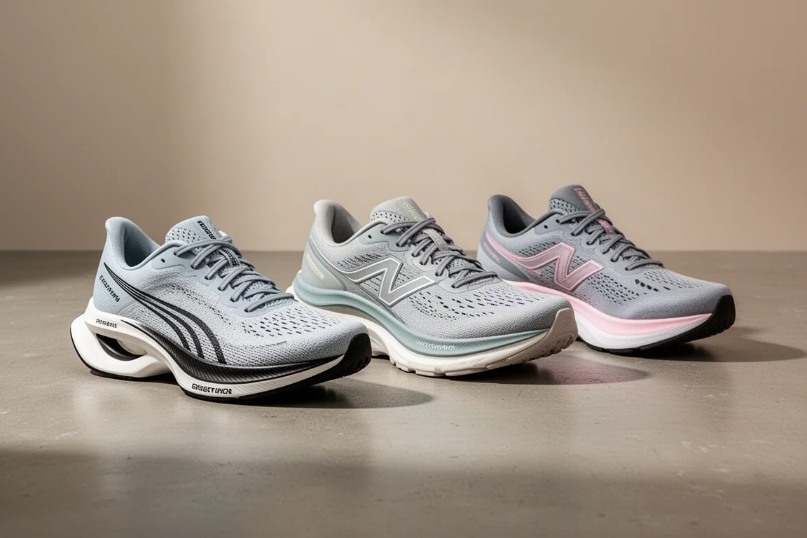 A lineup of modern marathon running shoes on a concrete surface