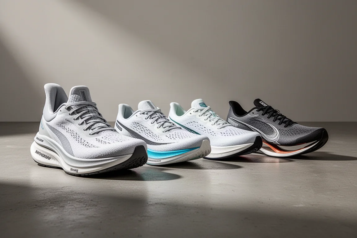 Lineup of modern running shoes on a concrete surface