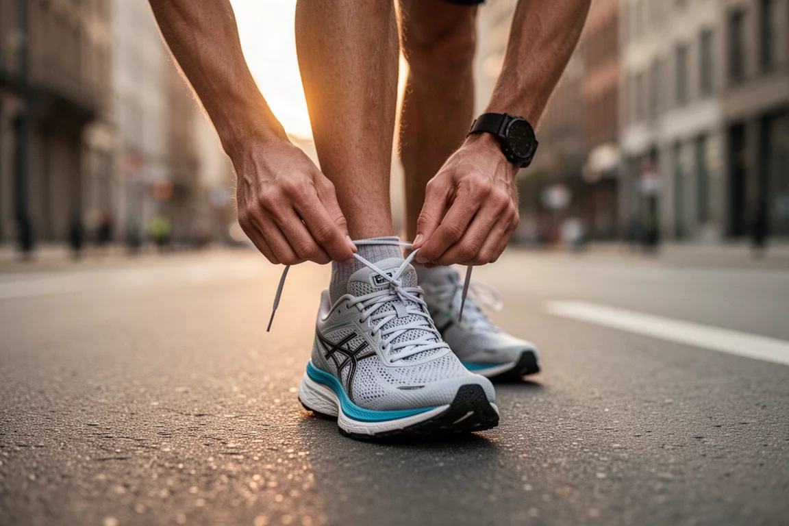 Hardloper strikt een raceschoen met carbonplate voordat hij vroeg in de ochtend op de weg gaat hardlopen