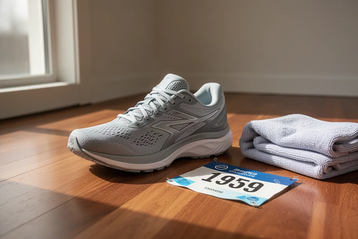 Zacht gevoelde, comfortabel gedempeerde hardloopschoen ligt op een houten vloer naast een marathonnnummer