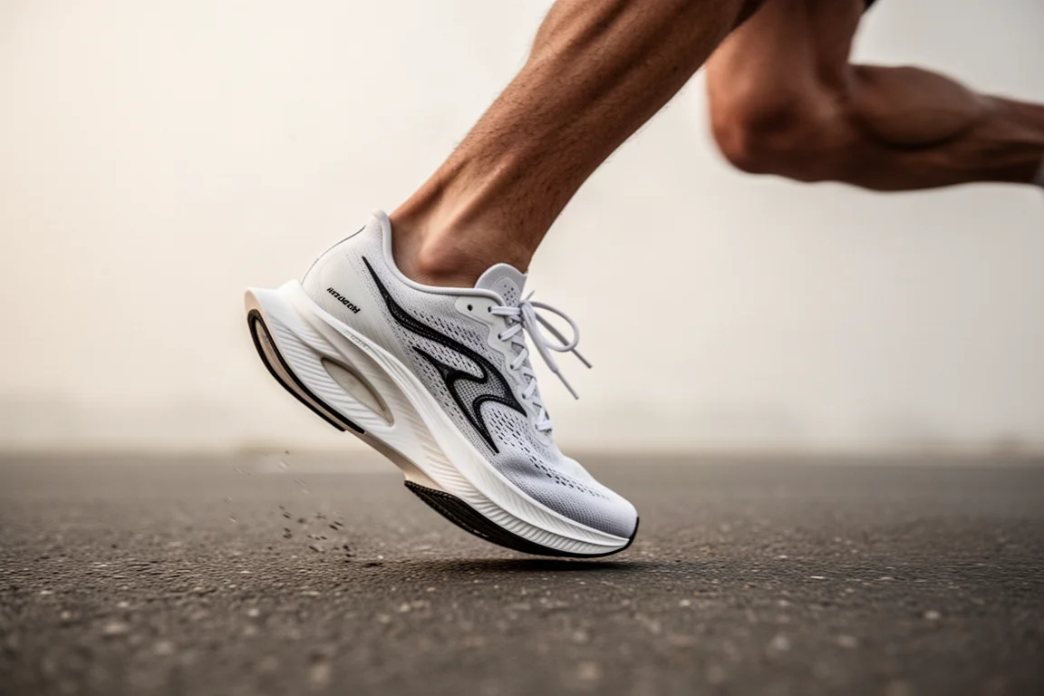 Nahaufnahme einer Carbon-Marathon-Schuhmittelsohle am Fuß eines Läufers mitten im Laufschritt