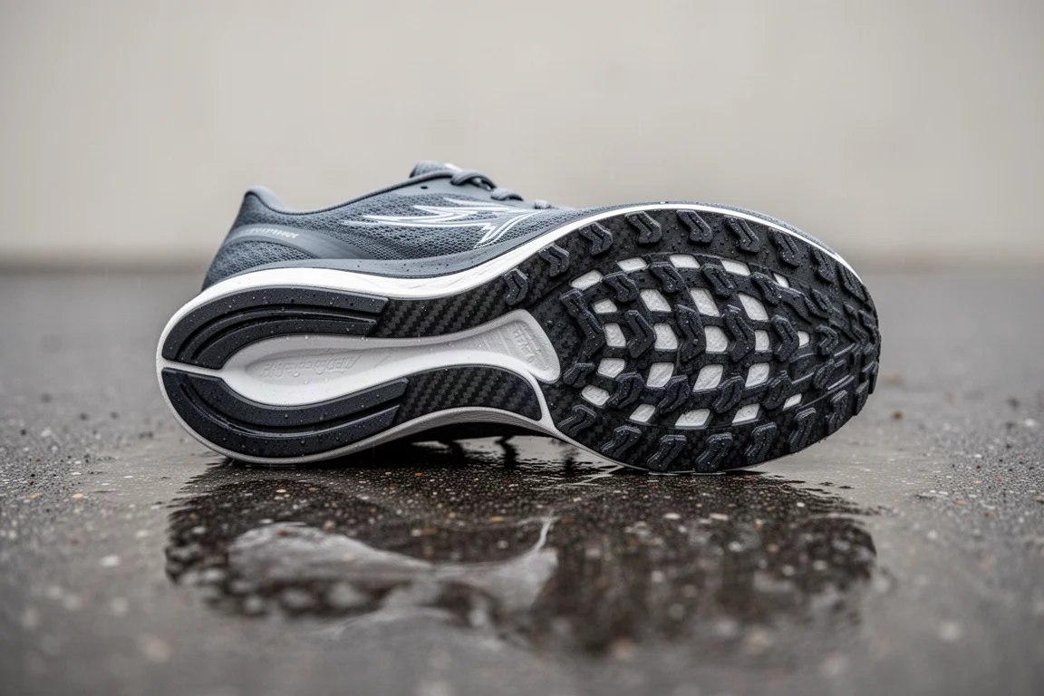 Carbon-Laufschuh mit Abnutzungserscheinungen auf nasser Straßendecke